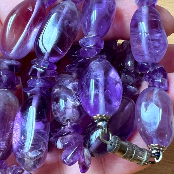VINTAGE LARGE NATURAL AMETHYST BEADS LONG NECKLACE STATEMENT VERSATILE